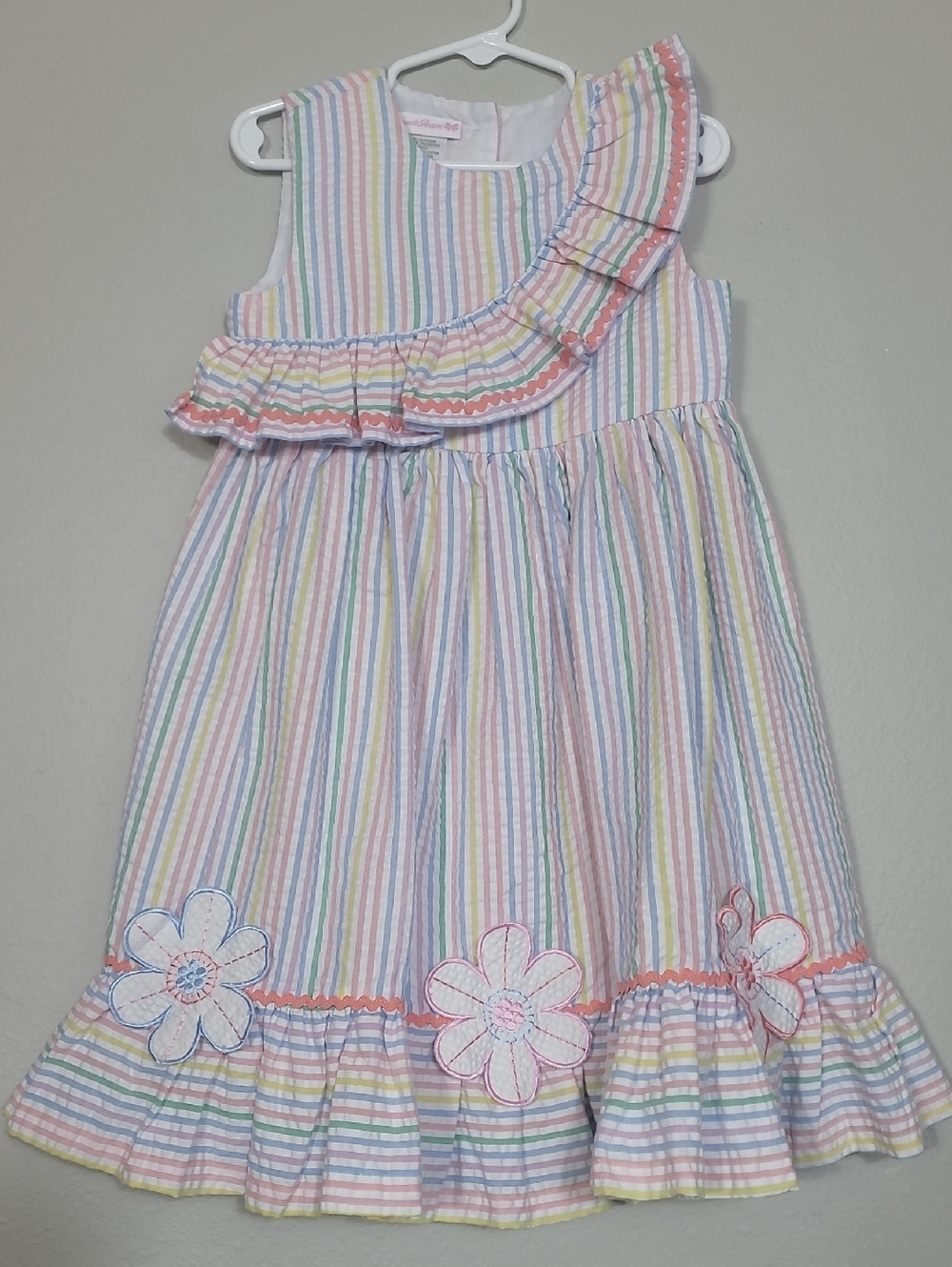 Bonnie Jean Seersucker Floral Dress Size 6 Pastel Striped 3D Flowers Ruffle